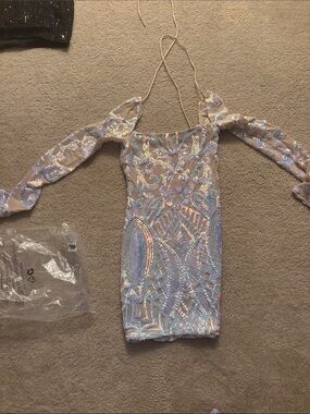 Lucy in the Sky Iridescent Lavender-Pink Sequin Off-Shoulder Mini Dress